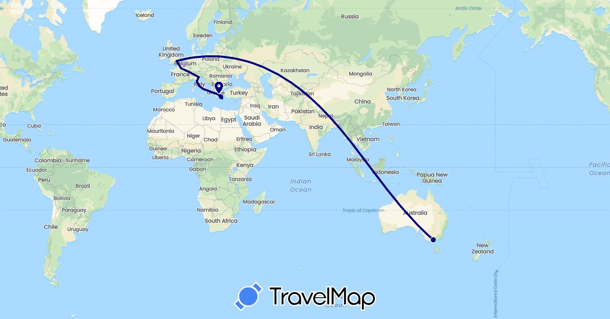 TravelMap itinerary: driving in Australia, France, United Kingdom, Greece, Italy (Europe, Oceania)
